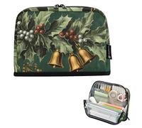 Quteprint Standing Pencil Case - Christmas Holly Leaves Bells Pencil Bag Stationery Pouch, Portable Makeup Cosmetics Bag, Desk Organizer for School, Office, Students Teens Boys & Girls