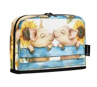 Quteprint Standing Pencil Case - Cute Pigs Kissing Sunflowers Pencil Bag Stationery Pouch, Portable Makeup Cosmetics Bag, Desk Organizer for School, Office, Students Teens Boys & Girls