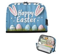 Quteprint Standing Pencil Case - Easter Bunny Ears Eggs Wooden Pencil Bag Stationery Pouch, Portable Makeup Cosmetics Bag, Desk Organizer for School, Office, Students Teens Boys & Girls