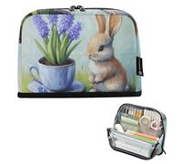 Quteprint Standing Pencil Case - Easter Bunny Hyacinth Flower Art Pencil Bag Stationery Pouch, Portable Makeup Cosmetics Bag, Desk Organizer for School, Office, Students Teens Boys & Girls