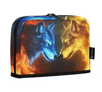Quteprint Standing Pencil Case - Fire Two Wolves Facing Wolf Pencil Bag Stationery Pouch, Portable Makeup Cosmetics Bag, Desk Organizer for School, Office, Students Teens Boys & Girls