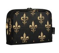 Quteprint Standing Pencil Case - Gold Fleur De Lis Flower Pencil Bag Stationery Pouch, Portable Makeup Cosmetics Bag, Desk Organizer for School, Office, Students Teens Boys & Girls