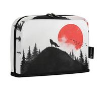 Quteprint Standing Pencil Case - Howling Wolf Red Moon Hill Pencil Bag Stationery Pouch, Portable Makeup Cosmetics Bag, Desk Organizer for School, Office, Students Teens Boys & Girls