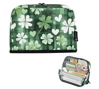 Quteprint Standing Pencil Case - St. Patricks Day Clovers Stripe Pencil Bag Stationery Pouch, Portable Makeup Cosmetics Bag, Desk Organizer for School, Office, Students Teens Boys & Girls