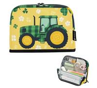 Quteprint Standing Pencil Case - St. Patricks Plaid Tractor Clovers Pencil Bag Stationery Pouch, Portable Makeup Cosmetics Bag, Desk Organizer for School, Office, Students Teens Boys & Girls
