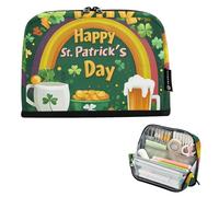 Quteprint Standing Pencil Case - St. Patricks Rainbow Clovers Coins Pencil Bag Stationery Pouch, Portable Makeup Cosmetics Bag, Desk Organizer for School, Office, Students Teens Boys & Girls