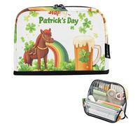 Quteprint Standing Pencil Case - St. Patricks Shamrock Coins Horse Pencil Bag Stationery Pouch, Portable Makeup Cosmetics Bag, Desk Organizer for School, Office, Students Teens Boys & Girls
