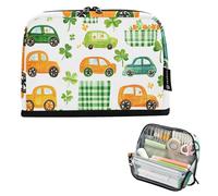 Quteprint Standing Pencil Case - St. Patricks Shamrock Stripe Cars Pencil Bag Stationery Pouch, Portable Makeup Cosmetics Bag, Desk Organizer for School, Office, Students Teens Boys & Girls