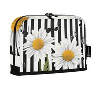 Quteprint Standing Pencil Case - Stripe Music Notes Daisy Flower Pencil Bag Stationery Pouch, Portable Makeup Cosmetics Bag, Desk Organizer for School, Office, Students Teens Boys & Girls