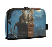 Quteprint Standing Pencil Case - Two Cats City Moon Sky Pencil Bag Stationery Pouch, Portable Makeup Cosmetics Bag, Desk Organizer for School, Office, Students Teens Boys & Girls