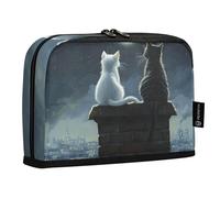 Quteprint Standing Pencil Case - Two Cats City Moon Stras Pencil Bag Stationery Pouch, Portable Makeup Cosmetics Bag, Desk Organizer for School, Office, Students Teens Boys & Girls