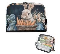 Quteprint Standing Pencil Case - Watercolor Easter Bunny Carrots Flowers Pencil Bag Stationery Pouch, Portable Makeup Cosmetics Bag, Desk Organizer for School, Office, Students Teens Boys & Girls