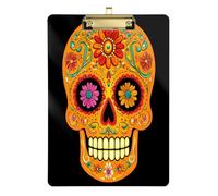 Quteprint Sugar Skull Flower Mexican Acrylic Clipboard, 9" x 12.5" Clear Scratch-Resistant Clip Board with (Gold) Metal Clip & Wall Hook - 0.25" Thick for Office Classroom Nurses Teachers Students