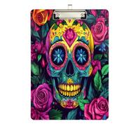 Quteprint Sugar Skull Rose Diamond Acrylic Clipboard, 9" x 12.5" Clear Scratch-Resistant Clip Board with (Silver) Metal Clip & Wall Hook - 0.25" Thick for Office Classroom Nurses Teachers Students