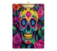 Quteprint Sugar Skull Rose Diamond Acrylic Clipboard, 9" x 12.5" Clear Scratch-Resistant Clip Board with (Gold) Metal Clip & Wall Hook - 0.25" Thick for Office Classroom Nurses Teachers Students