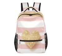 Quteprint Travel Backpack, Stripe Gold Glitter Heart 15L School Shoulder Bag for Kids Boys Girls Men Women Bookbag, Multi, L, Modern