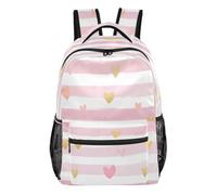 Quteprint Travel Backpack, Stripes Pink Gold Hearts 15L School Shoulder Bag for Kids Boys Girls Men Women Bookbag, Multi, M, Modern