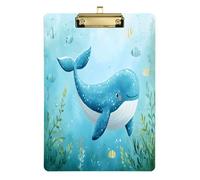 Quteprint Undersea Animal Whale Fish Acrylic Clipboard, 9" x 12.5" Clear Scratch-Resistant Clip Board with (Gold) Metal Clip & Wall Hook - 0.25" Thick for Office Classroom Nurses Teachers Students