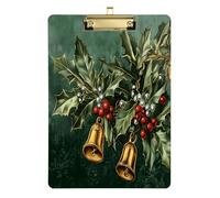 Quteprint Vintage Christmas Bells Leaves Acrylic Clipboard, 9" x 12.5" Clear Scratch-Resistant Clip Board with (Gold) Metal Clip & Wall Hook - 0.25" Thick for Office Classroom Nurses Teachers Students