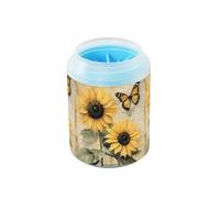 Quteprint Vintage Sunflowers Butterfly Art Dog Paw Cleaner Cup - Pet Foot Washer with Soft Silicone Brush, Portable Muddy Paw Cleaner for Small, Medium, Large Breed Dogs & Cats (2.56x2.56x4.53inch)