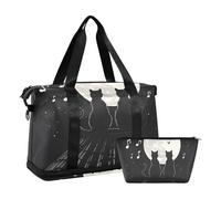 Quteprint Waterproof Sports Gym Bag - Black Cats Moon Night Music Large Capacity Duffel Bag with Dry Wet Compartment & Shoe Storage, Yoga Swim Travel Tote for Workout, Fitness, Overnight Trip