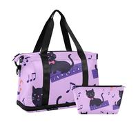 Quteprint Waterproof Sports Gym Bag - Black Cute Cats Music Notes Large Capacity Duffel Bag with Dry Wet Compartment & Shoe Storage, Yoga Swim Travel Tote for Workout, Fitness, Overnight Trip