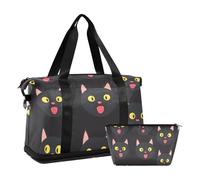 Quteprint Waterproof Sports Gym Bag - Black Cute Kittens Cats Large Capacity Duffel Bag with Dry Wet Compartment & Shoe Storage, Yoga Swim Travel Tote for Workout, Fitness, Overnight Trip