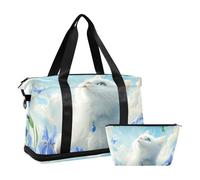 Quteprint Waterproof Sports Gym Bag - Cat Hummingbirds Blue Flowers Large Capacity Duffel Bag with Dry Wet Compartment & Shoe Storage, Yoga Swim Travel Tote for Workout, Fitness, Overnight Trip