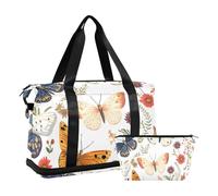 Quteprint Waterproof Sports Gym Bag - Colorful Butterfly Wild Flowers Large Capacity Duffel Bag with Dry Wet Compartment & Shoe Storage, Yoga Swim Travel Tote for Workout, Fitness, Overnight Trip
