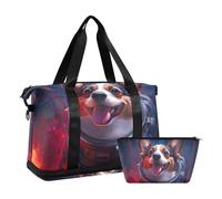 Quteprint Waterproof Sports Gym Bag - Corgi Dog Astronaut Space Star Large Capacity Duffel Bag with Dry Wet Compartment & Shoe Storage, Yoga Swim Travel Tote for Workout, Fitness, Overnight Trip