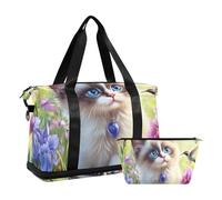 Quteprint Waterproof Sports Gym Bag - Cute Cat Flower Irises Hummingbirds Large Capacity Duffel Bag with Dry Wet Compartment & Shoe Storage, Yoga Swim Travel Tote for Workout, Fitness, Overnight Trip
