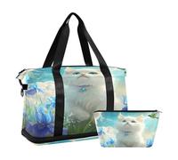 Quteprint Waterproof Sports Gym Bag - Cute Cat Hummingbirds Blue Flower Large Capacity Duffel Bag with Dry Wet Compartment & Shoe Storage, Yoga Swim Travel Tote for Workout, Fitness, Overnight Trip