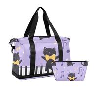 Quteprint Waterproof Sports Gym Bag - Cute Dancing Cats Music Notes Large Capacity Duffel Bag with Dry Wet Compartment & Shoe Storage, Yoga Swim Travel Tote for Workout, Fitness, Overnight Trip