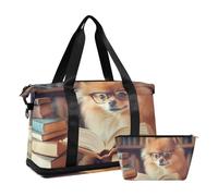 Quteprint Waterproof Sports Gym Bag - Cute Funny Dog is Reading Large Capacity Duffel Bag with Dry Wet Compartment & Shoe Storage, Yoga Swim Travel Tote for Workout, Fitness, Overnight Trip
