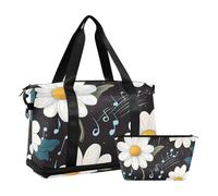 Quteprint Waterproof Sports Gym Bag - Daisy Floral Music Notes Large Capacity Duffel Bag with Dry Wet Compartment & Shoe Storage, Yoga Swim Travel Tote for Workout, Fitness, Overnight Trip