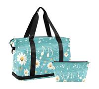 Quteprint Waterproof Sports Gym Bag - Daisy Flower Music Notes Large Capacity Duffel Bag with Dry Wet Compartment & Shoe Storage, Yoga Swim Travel Tote for Workout, Fitness, Overnight Trip