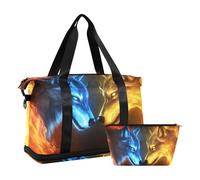 Quteprint Waterproof Sports Gym Bag - Fire Two Wolves Facing Wolf Large Capacity Duffel Bag with Dry Wet Compartment & Shoe Storage, Yoga Swim Travel Tote for Workout, Fitness, Overnight Trip