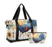 Quteprint Waterproof Sports Gym Bag - Garden Rooster Sunflower Flowers Large Capacity Duffel Bag with Dry Wet Compartment & Shoe Storage, Yoga Swim Travel Tote for Workout, Fitness, Overnight Trip