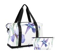 Quteprint Waterproof Sports Gym Bag - Hummingbirds Purple Iris Flower Large Capacity Duffel Bag with Dry Wet Compartment & Shoe Storage, Yoga Swim Travel Tote for Workout, Fitness, Overnight Trip