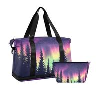 Quteprint Waterproof Sports Gym Bag - Northern Lights Galaxy Sky Forest Large Capacity Duffel Bag with Dry Wet Compartment & Shoe Storage, Yoga Swim Travel Tote for Workout, Fitness, Overnight Trip