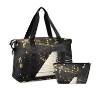 Quteprint Waterproof Sports Gym Bag - Piano Music Notes Gold Large Capacity Duffel Bag with Dry Wet Compartment & Shoe Storage, Yoga Swim Travel Tote for Workout, Fitness, Overnight Trip