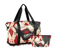 Quteprint Waterproof Sports Gym Bag - Red Black Plaid Rooster Large Capacity Duffel Bag with Dry Wet Compartment & Shoe Storage, Yoga Swim Travel Tote for Workout, Fitness, Overnight Trip
