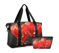 Quteprint Waterproof Sports Gym Bag - Red Hearts Music Notes Large Capacity Duffel Bag with Dry Wet Compartment & Shoe Storage, Yoga Swim Travel Tote for Workout, Fitness, Overnight Trip