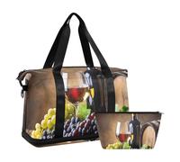 Quteprint Waterproof Sports Gym Bag - Red Wine Glasses Grapes Large Capacity Duffel Bag with Dry Wet Compartment & Shoe Storage, Yoga Swim Travel Tote for Workout, Fitness, Overnight Trip