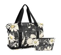 Quteprint Waterproof Sports Gym Bag - Retro Daisy Music Notes Large Capacity Duffel Bag with Dry Wet Compartment & Shoe Storage, Yoga Swim Travel Tote for Workout, Fitness, Overnight Trip
