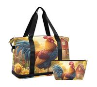Quteprint Waterproof Sports Gym Bag - Rooster Sunflower Flowers Large Capacity Duffel Bag with Dry Wet Compartment & Shoe Storage, Yoga Swim Travel Tote for Workout, Fitness, Overnight Trip