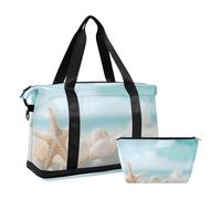 Quteprint Waterproof Sports Gym Bag - Sandy Beach Seashells Starfish Large Capacity Duffel Bag with Dry Wet Compartment & Shoe Storage, Yoga Swim Travel Tote for Workout, Fitness, Overnight Trip