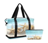 Quteprint Waterproof Sports Gym Bag - Sandy Beach Starfish Seashells Large Capacity Duffel Bag with Dry Wet Compartment & Shoe Storage, Yoga Swim Travel Tote for Workout, Fitness, Overnight Trip