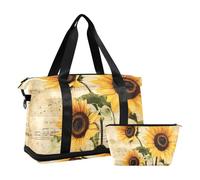 Quteprint Waterproof Sports Gym Bag - Sunflower Music Notes Retro Large Capacity Duffel Bag with Dry Wet Compartment & Shoe Storage, Yoga Swim Travel Tote for Workout, Fitness, Overnight Trip
