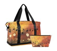 Quteprint Waterproof Sports Gym Bag - Vintage Daisy Music Notes Large Capacity Duffel Bag with Dry Wet Compartment & Shoe Storage, Yoga Swim Travel Tote for Workout, Fitness, Overnight Trip